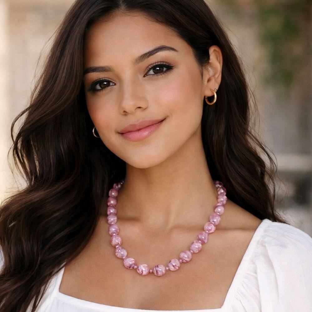 Vintage Pink Marbleized Bead Necklace Single Strand 26” Long – Hey Viv